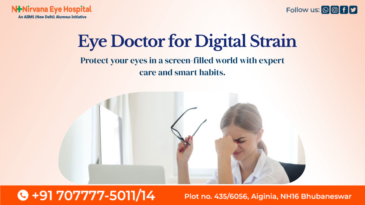A professional eye doctor examining a young patient for digital eye strain symptoms due to screen time.