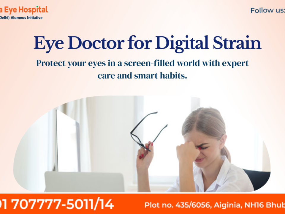 A professional eye doctor examining a young patient for digital eye strain symptoms due to screen time.